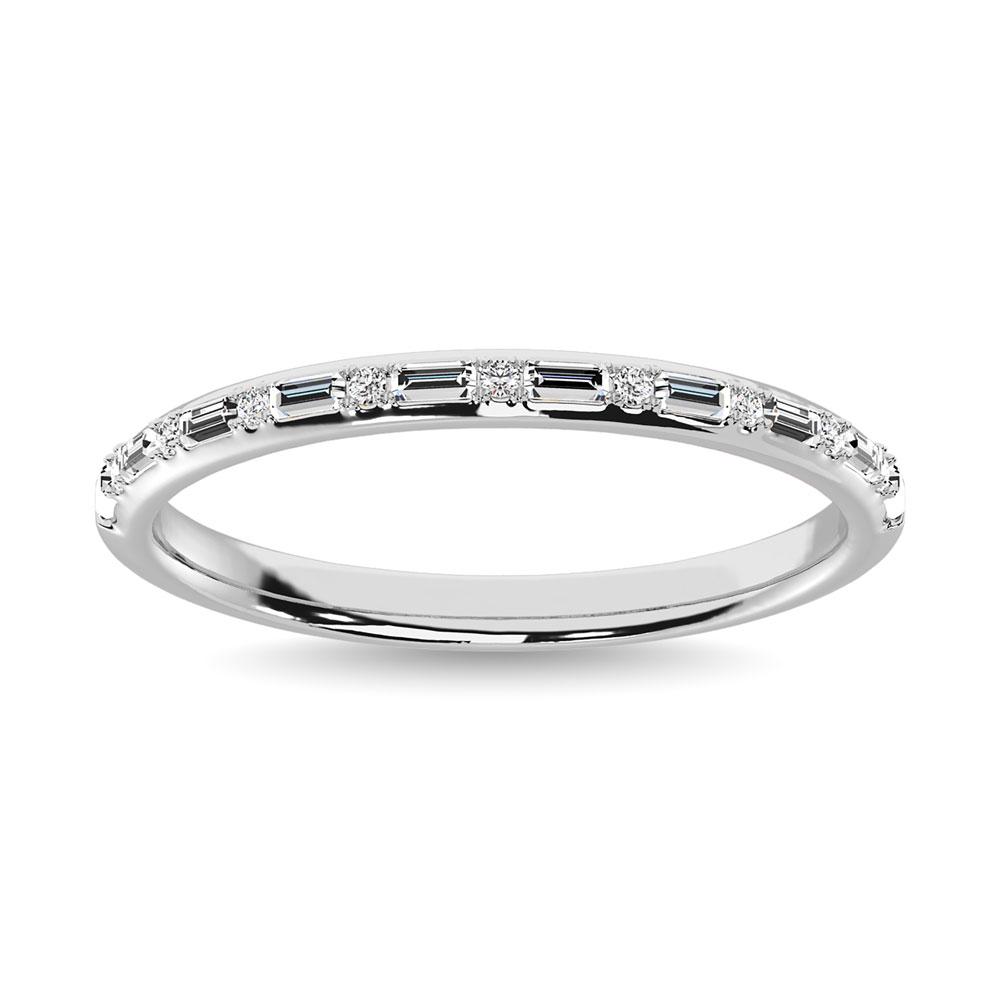 Diamond 1/10 Ct.Tw. Round and Baguette Stackable Ring in 14K White Gold: Diamond 1/10 Ct.Tw. Round and Baguette Stackable Ring in 14K White Gold Metal: 14k White Gold Stone Count: 19.0 Stone Shape: Round / Baguette Stone Type: Diamond Stone Clarity: Si3 The BIDHAUS Guarant