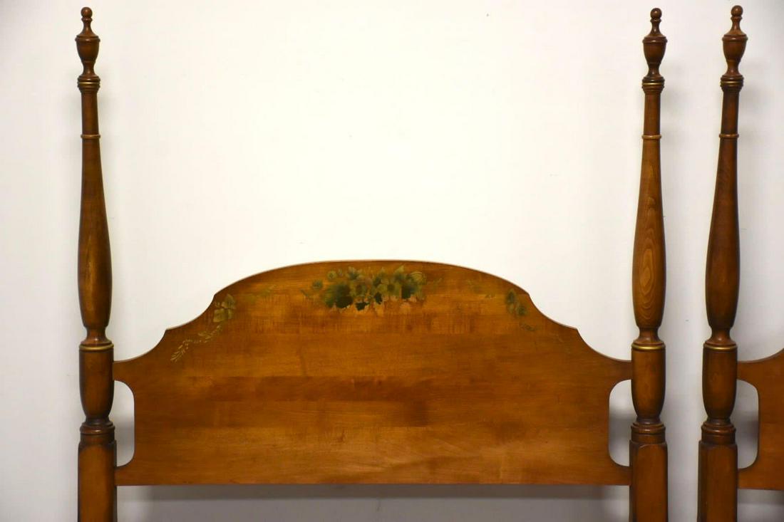 Stenciled Maple Twin Beds by Hitchcock- a Pair: Stenciled Maple Twin Beds by Hitchcock- a Pair A pair of solid maple twin size stenciled four boat beds by Hitchcock Furniture. Set includes two headboards two footboards side rails and slats. 42.5" w