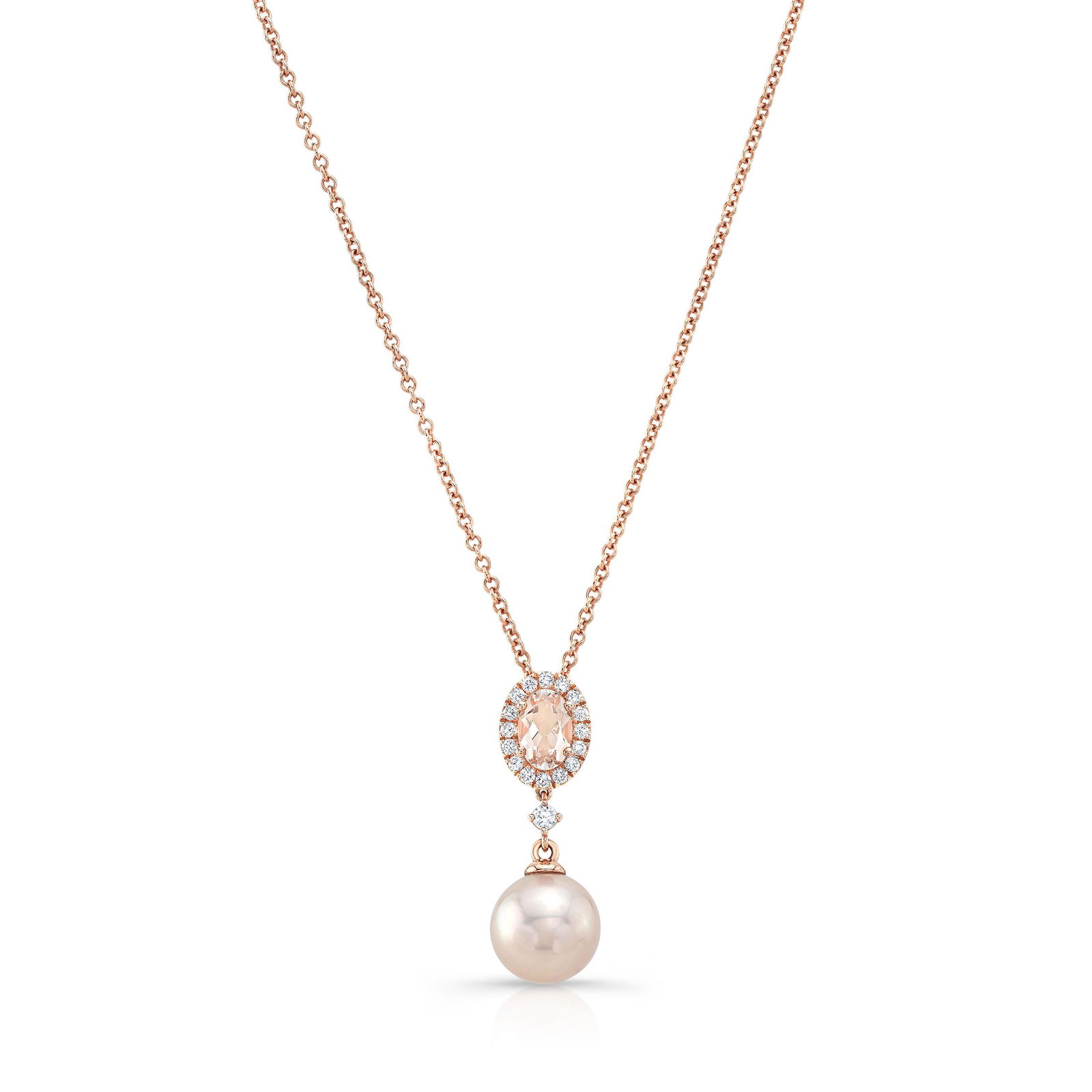 Pink Pearl, Morganite & Diamond Pendant 14k Rose Gold: Pink Pearl, Morganite & Diamond Pendant 14k Rose Gold 14kr Pend 8-8.5mm Pinkprl 1ovmr=6x4mm 17rb=0.11ctw Adj Ch Tag Description: 14KR PEND 8-8.5MM PINKPRL 1OVMR=6X4MM 17RB=0.11CTW ADJ CH Size Customiz