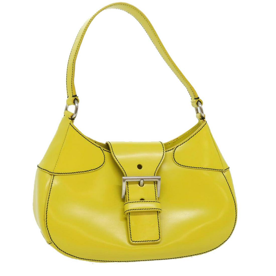 PRADA Shoulder Bag Leather Yellow: PRADA Shoulder Bag Leather Yellow Brand: PRADA Style: Shoulder Bag Material: Leather Exterior Color: Yellow Bag Height: 7.9inch(Approx) / 20cm(Approx) Bag Depth: 3.5inch(Approx) / 9cm(Approx) Bag Leng