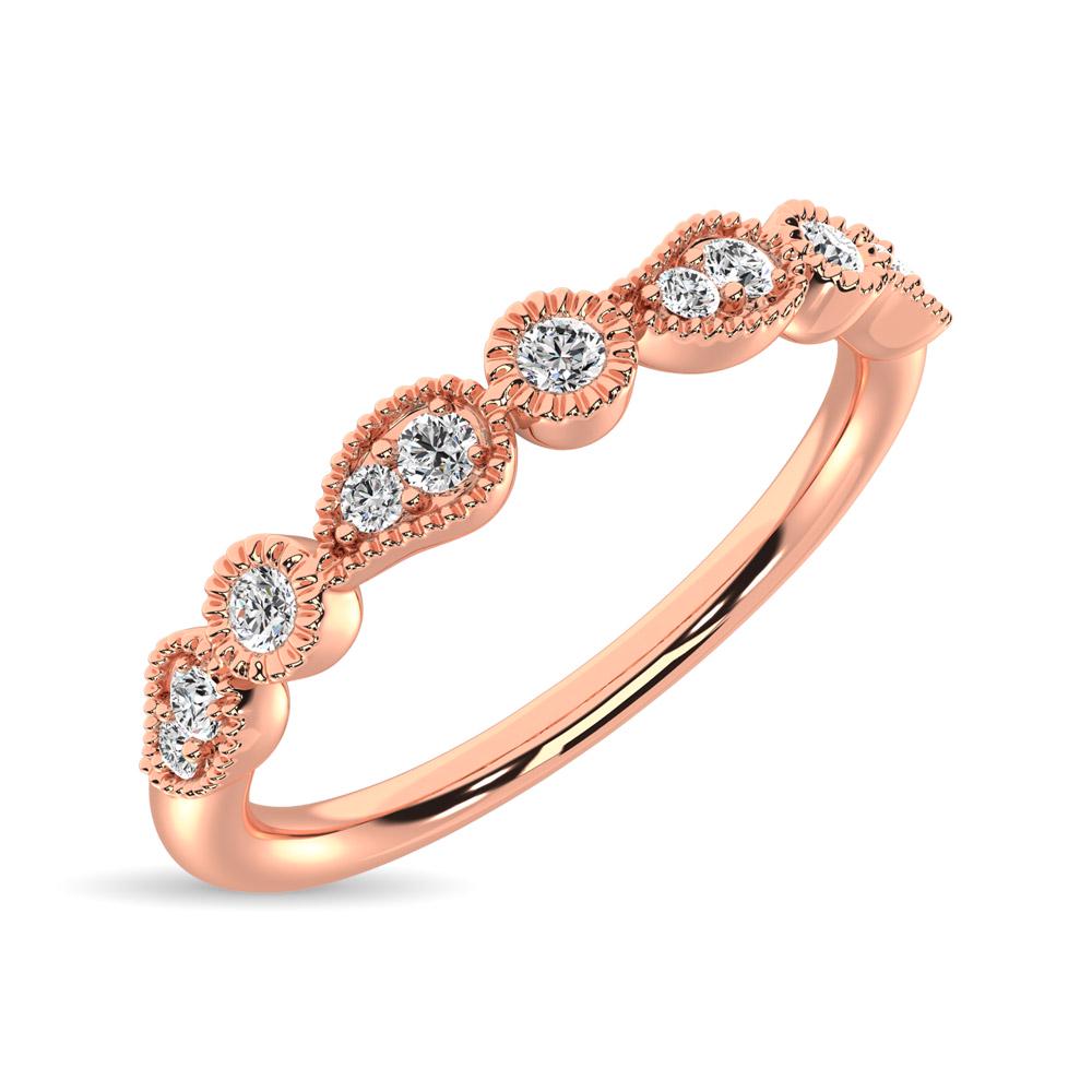 14K Rose Gold 1/10 Ctw Diamond Stackable Band: 14K Rose Gold 1/10 Ctw Diamond Stackable Band This glamorus ring is available in 14K Rose Gold. There are 11 round diamonds with a total carat weight of 1/10 ct set in a Bezel / Shared prong setting s