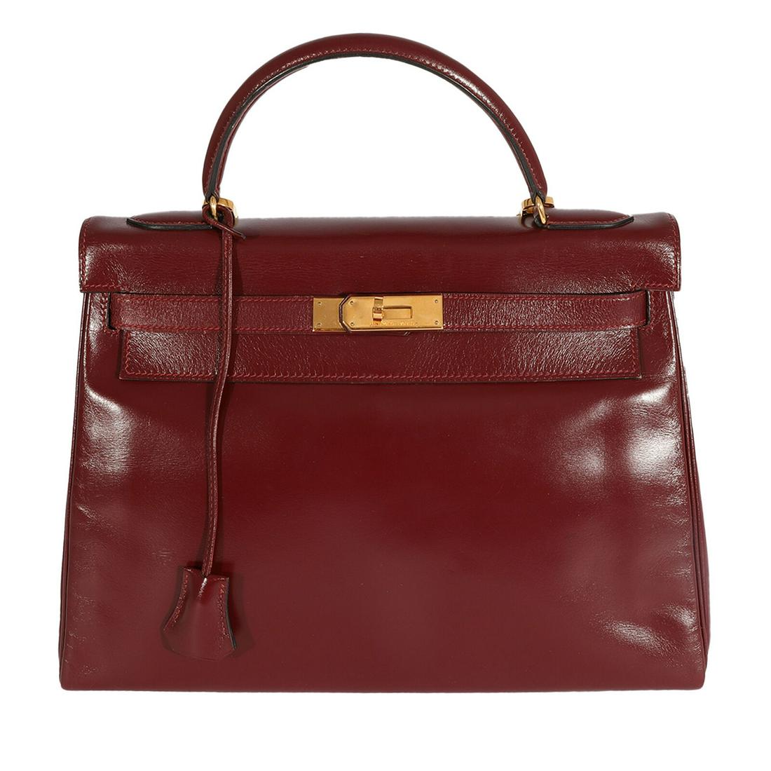 Hermes Vintage Bordeaux Box Kelly 32 GHW: Hermes Vintage Bordeaux Box Kelly 32 GHW Dimensions: 12 x 9 x 4.75 Handbag Accessories: Clochette;Lock;Key;Removable Straps Bag Length: 12 in Bag Depth: 4.75 in Bag Height: 9 in Style: Shoulder Bag;To