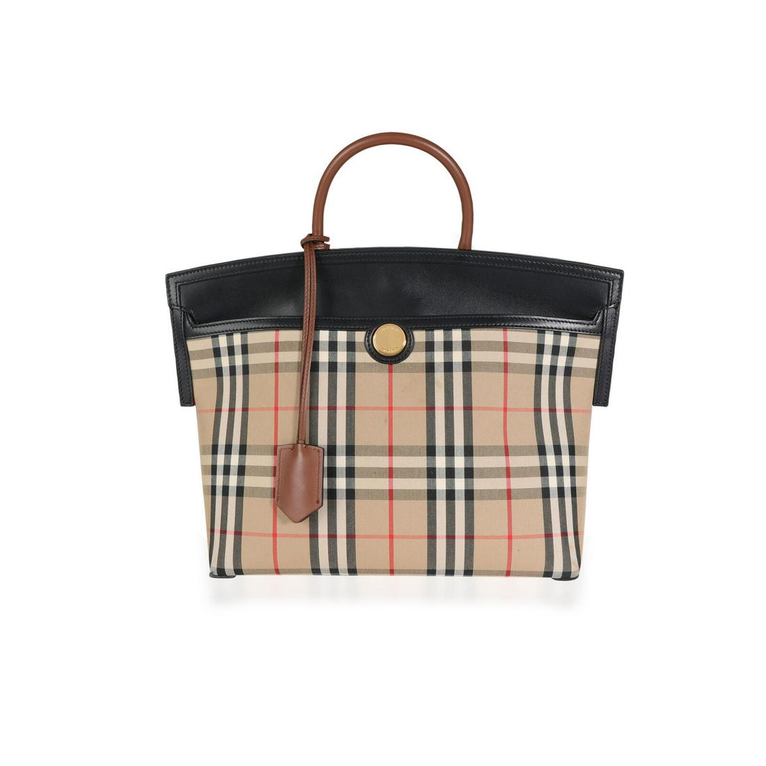Burberry Vintage Check Canvas & Leather Small Society Top Handle Bag: Burberry Vintage Check Canvas & Leather Small Society Top Handle Bag Dimensions: 11.2 x 10.25 x 5 Handbag Accessories: Dustbag;Care Booklet Bag Width: 11.2 in Bag Depth: 5 in Bag Height: 10.25 in Styl