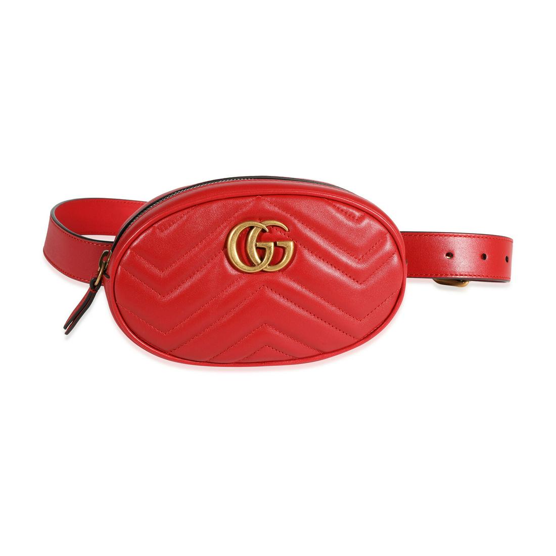 Gucci Red Matelasse Leather Marmont Belt Bag: Gucci Red Matelasse Leather Marmont Belt Bag Dimensions: 7 x 4.5 x 2 Handbag Accessories: Additional Strap;Dustbag;Care Booklet Bag Length: 7 in Bag Depth: 2 in Bag Height: 4.5 in Style: Belt Bag Mate