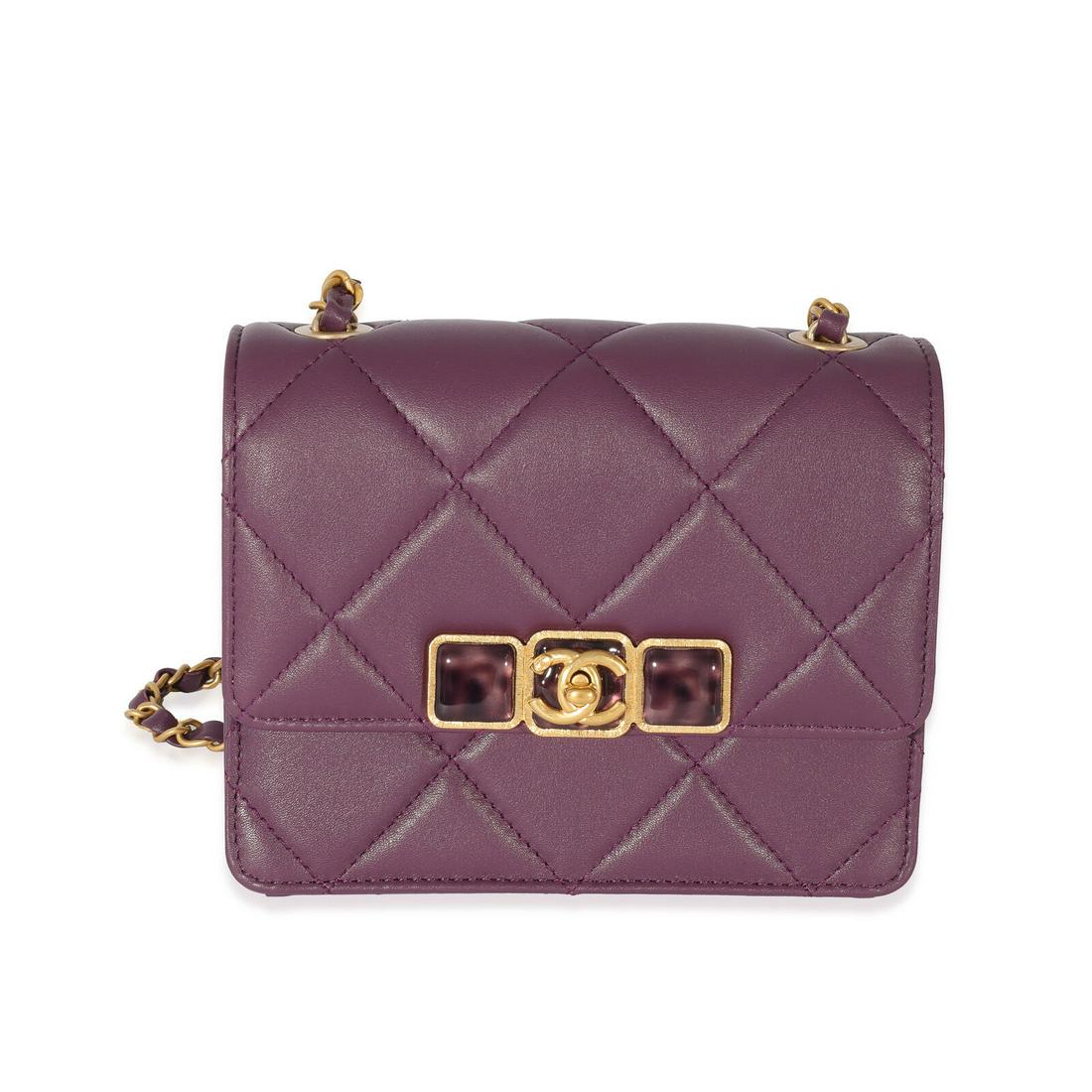 Chanel 22A Purple Matelasse Calfskin Resin Flap Bag: Chanel 22A Purple Matelasse Calfskin Resin Flap Bag Dimensions: 6.7 x 6 x 3 Handbag Accessories: Dustbag;Care Booklet;Retail Tag Bag Length: 6.7 in Bag Depth: 3 in Bag Height: 6 in Style: Crossbody Ba