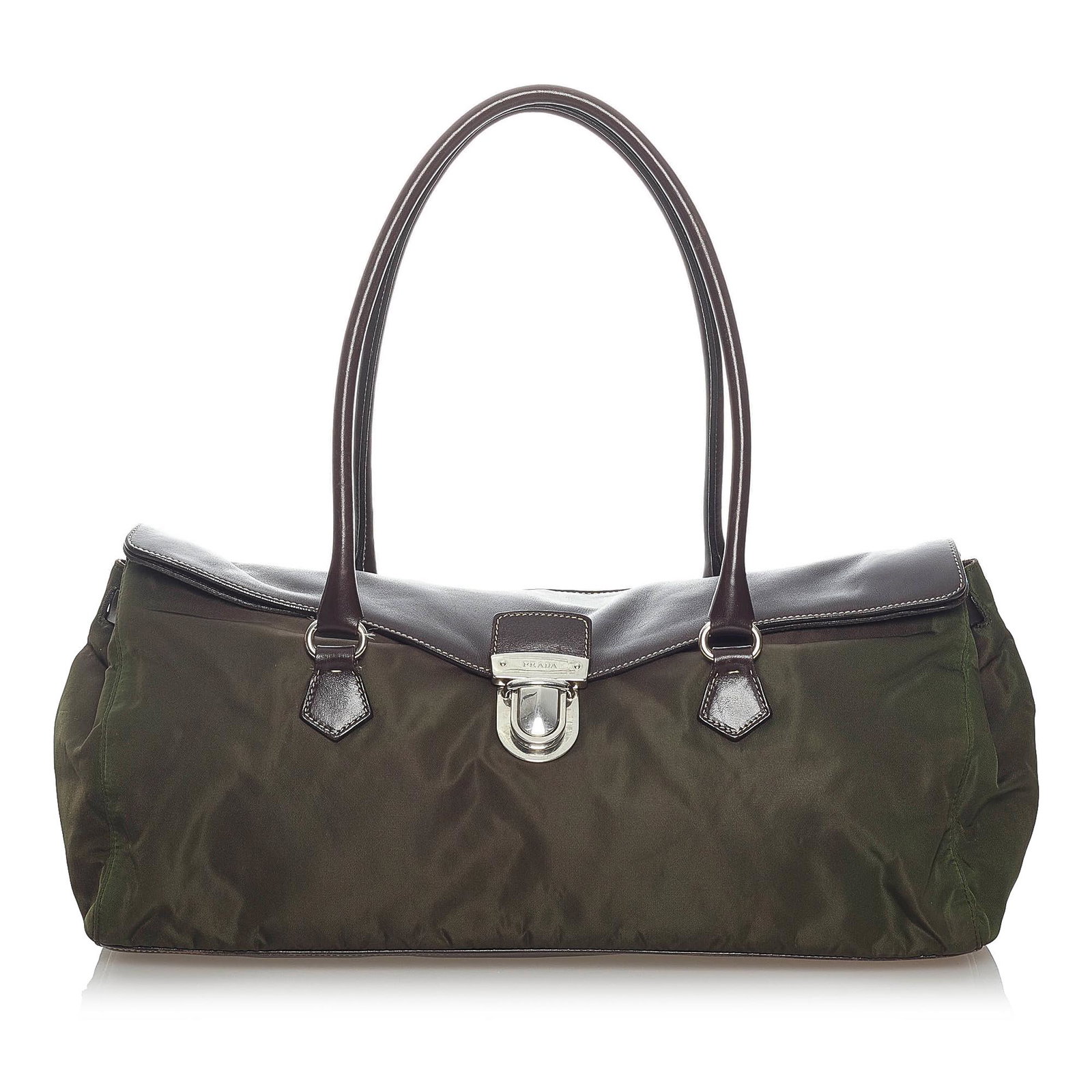 Prada Tessuto Easy Shoulder Bag: Prada Tessuto Easy Shoulder Bag The Easy shoulder bag features a nylon body with leather trim a back exterior zip pocket rolled leather handles a front flap with a metal push lock closure and an inter