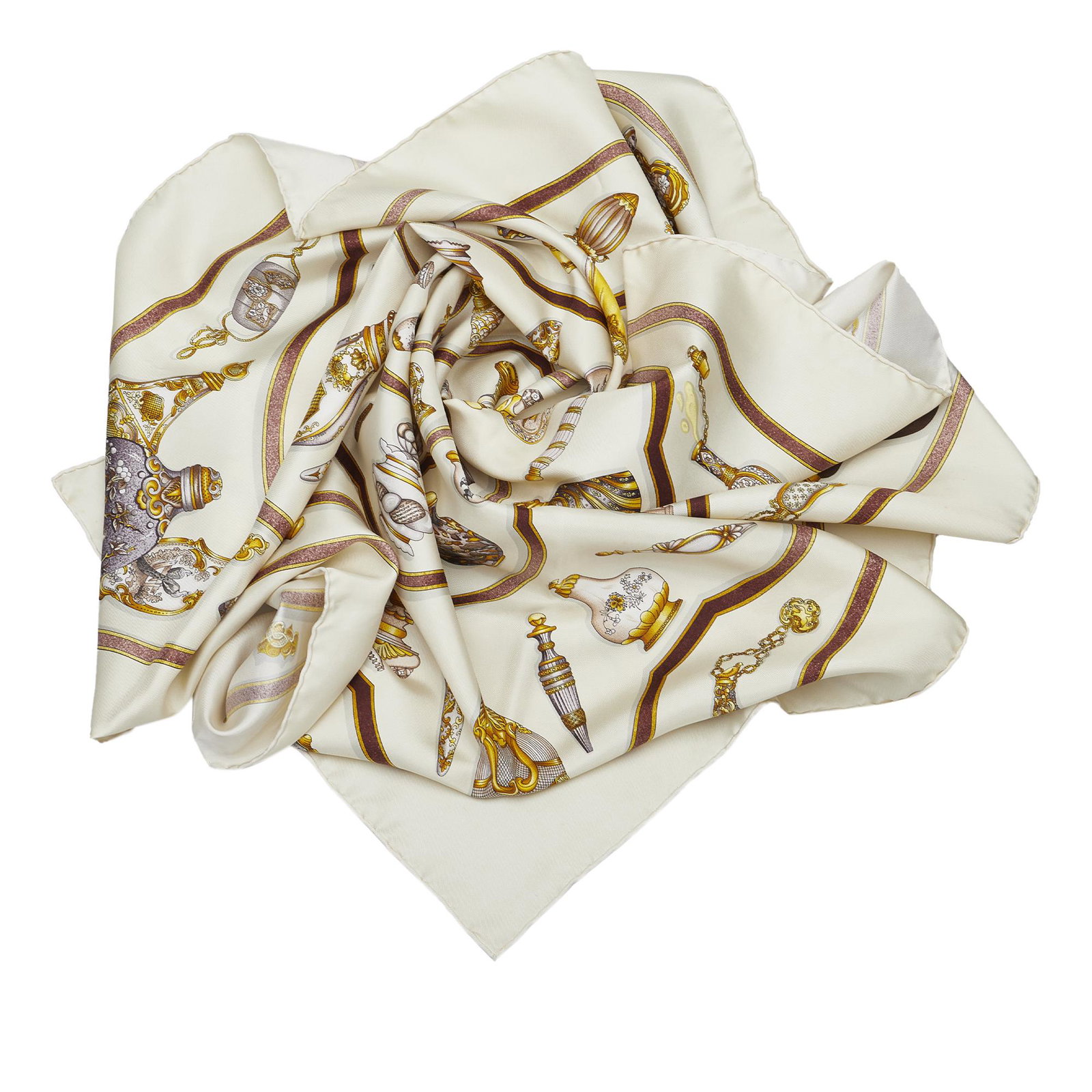 Hermes Qu'Import le Flacon Silk Scarf: Hermes Qu'Import le Flacon Silk Scarf The Qu'Import le Flacon scarf features a print on 100% silk. Brand: Hermes Model: Qu'Import le Flacon Silk Scarf Origin: France Category: Accessories Color: White