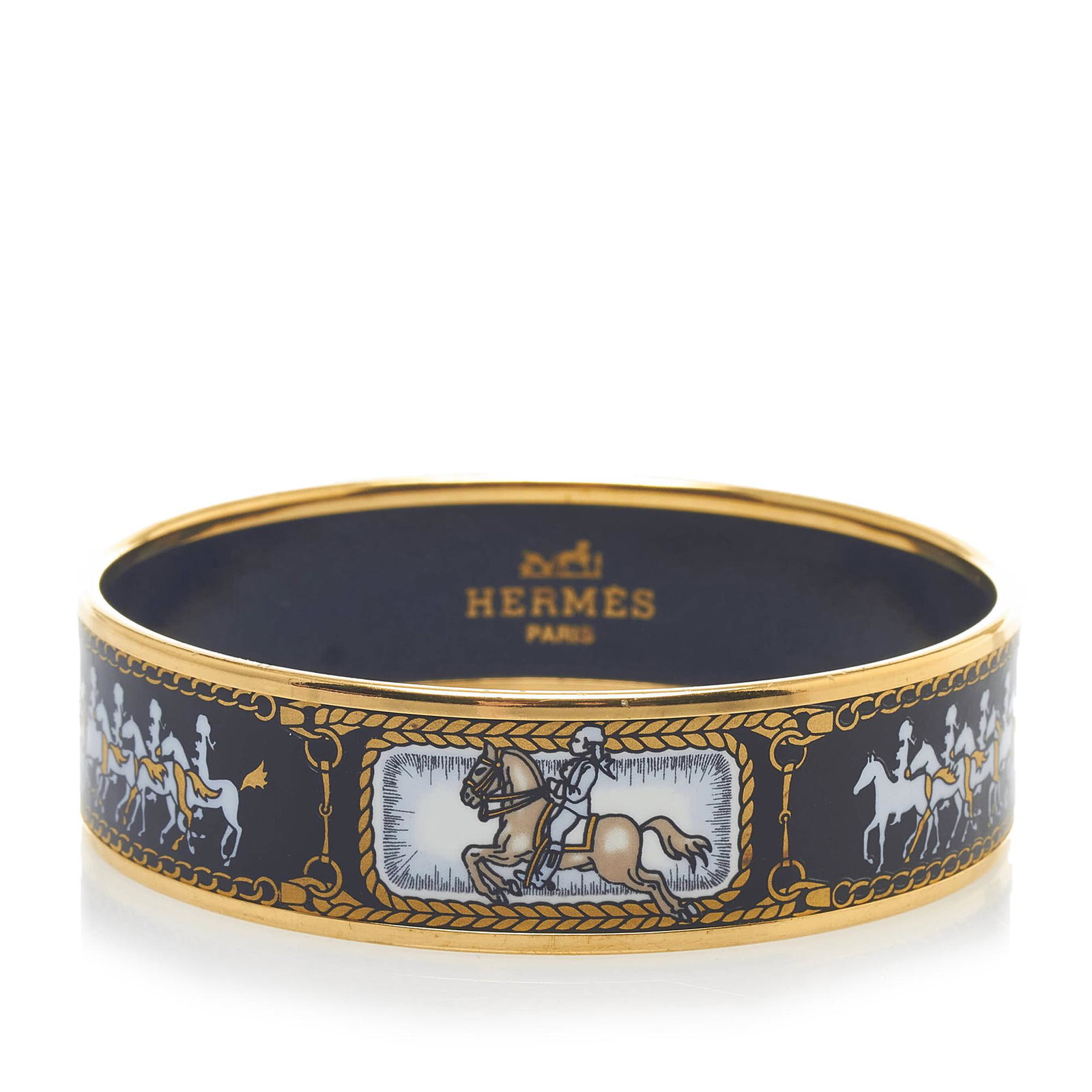Hermes Grand Apparat Bangle: Hermes Grand Apparat Bangle This bracelet features a metal and enamel body. Brand: Hermes Model: Grand Apparat Bangle Origin: Austria Category: Costume Color: Black Style: Material: Metal Condition: B