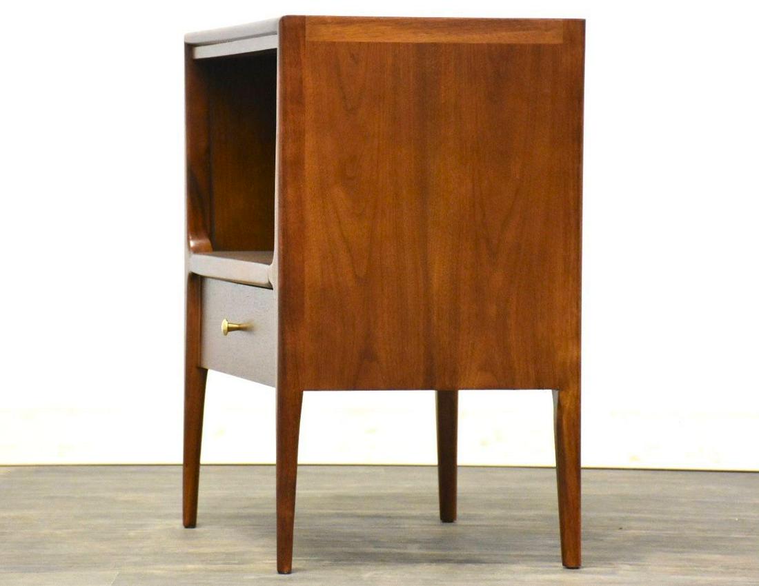 Walnut Nightstand by Mount Airy: Walnut Nightstand by Mount Airy A mid century modern walnut single drawer nightstand with a brass knob made by Mt. Airy. Professionally refinished. 21.75" wide. 15" deep. 26.25" tall. Dimensions: 21.7
