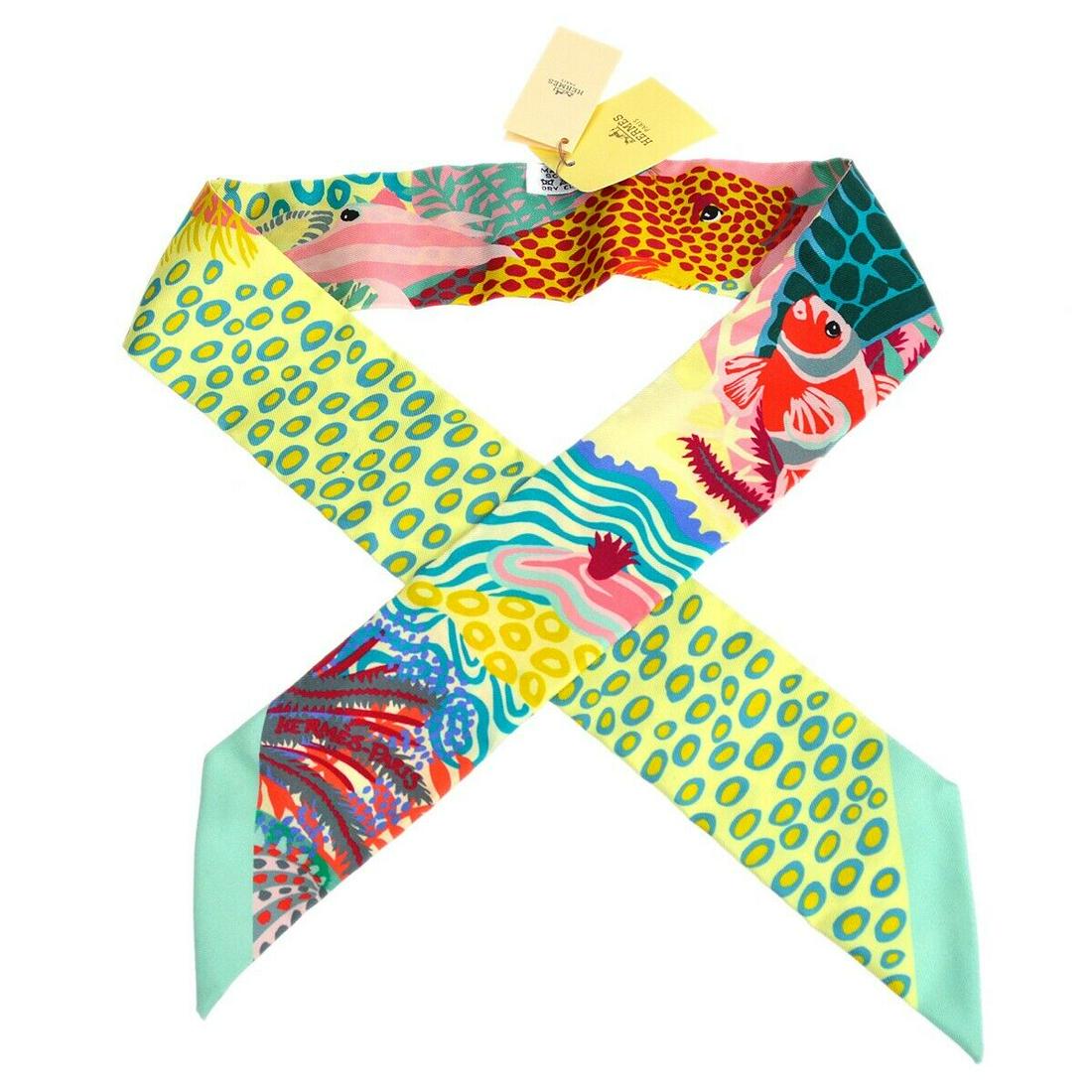 HERMES Under the Waves Twilly Scarf Stole Bag Handle Accessories: HERMES Under the Waves Twilly Scarf Stole Bag Handle Accessories Brand: HERMES Type: Scarf Color: Green Style: Square Scarf Material: 100% Silk Season: Fall Spring Summer Winter Accents: Logo Outside