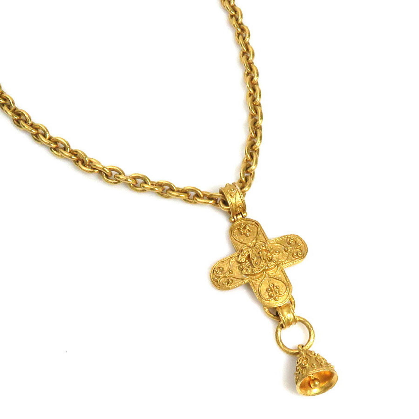 Chanel necklace long here mark cross bell vintage gold metal material CHANEL ladies: Chanel necklace long here mark cross bell vintage gold metal material CHANEL ladies Brand: Chanel Country of Origin: France Necklace Type: Necklace Gender: Women Material: Alloy Color: Gold Season: Vi