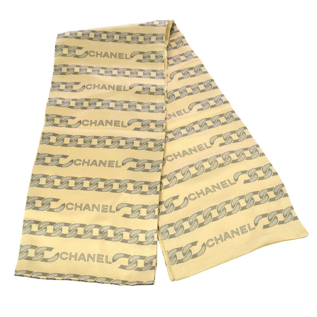 CHANEL Vintage CC Logos Scarf Stole Ivory Gray 100% Silk Italy: CHANEL Vintage CC Logos Scarf Stole Ivory Gray 100% Silk Italy Brand: CHANEL Style: Scarf Color: Ivory Gray Material: 100% Silk Type: Scarf Outside Condition: AB: Very Good/Inside Condition: C: Heavil