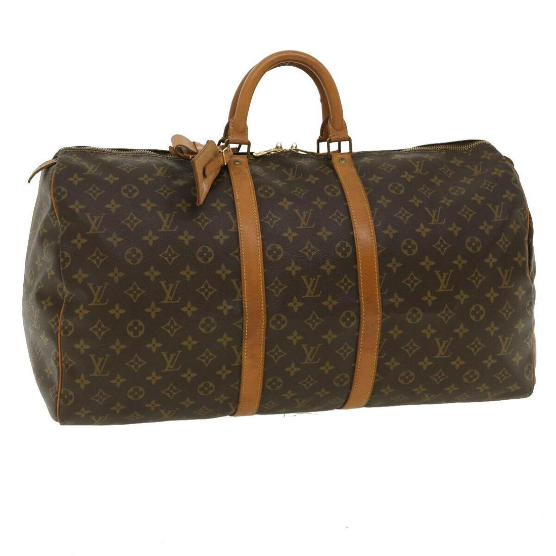 LOUIS VUITTON Monogram Keepall 55 Boston Bag M41424 LV: LOUIS VUITTON Monogram Keepall 55 Boston Bag M41424 LV Brand: LOUIS VUITTON Style: Boston Bag Material: Monogram Canvas Exterior Color: Monogram Bag Height: 10.6inch(Approx) / 27cm(Approx) Bag Depth: 