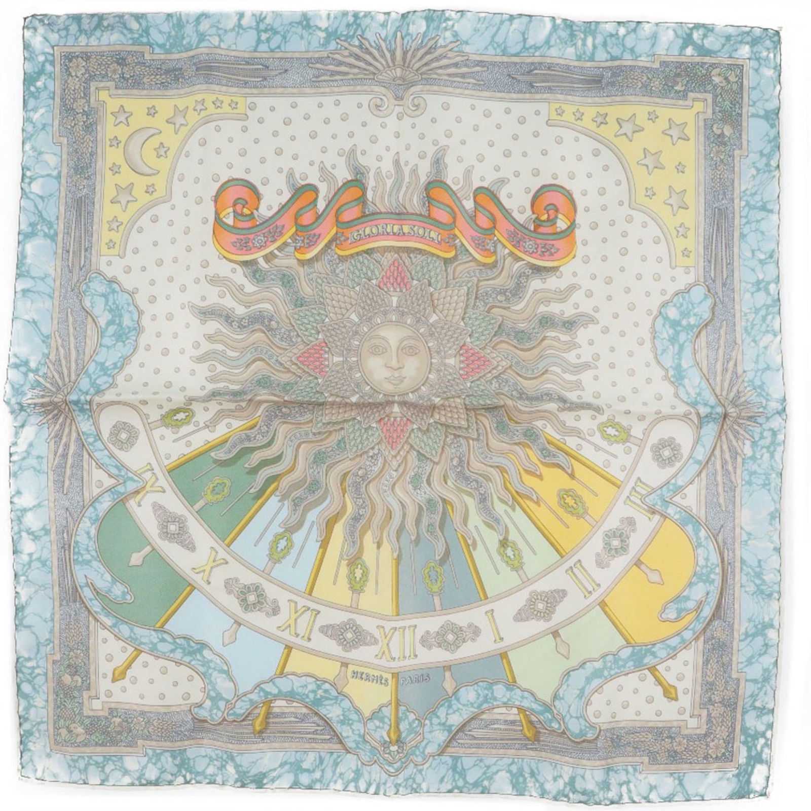 Hermes Carre 40 GLORIA SOLI Glory Day Silk White Women's Scarf: Hermes Carre 40 GLORIA SOLI Glory Day Silk White Women's Scarf Brand: Hermes Country of Origin: France Type: Scarf Gender: Women Color: Blue White Material: Silk Silk: Size (LxW): 40cm x 40cm / 15.74