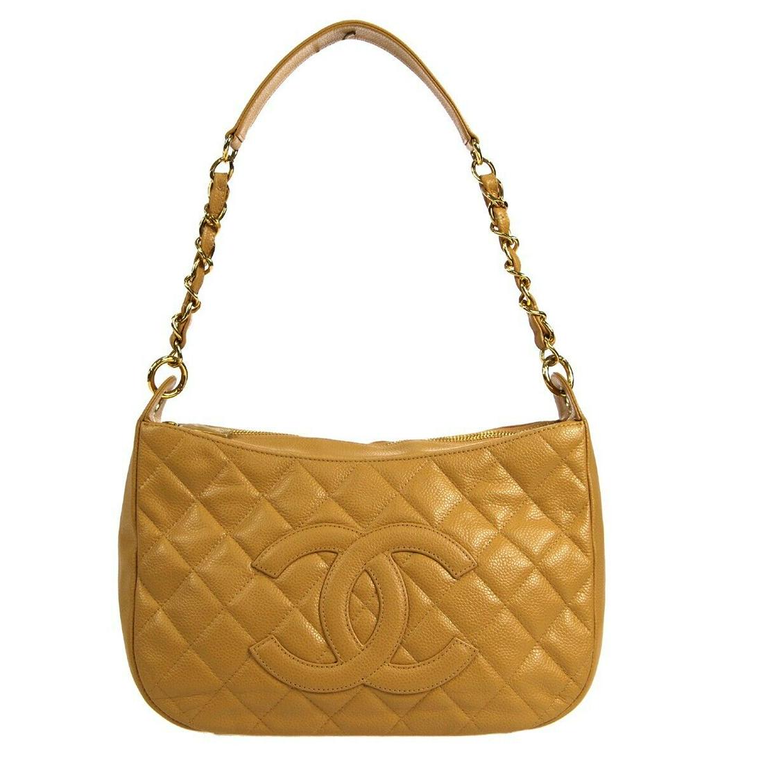 CHANEL Quilted Chain Shoulder Bag Purse Beige Caviar Skin 9981785: CHANEL Quilted Chain Shoulder Bag Purse Beige Caviar Skin 9981785 Bag Width: 11 in Pattern: Matelasse Bag Height: 7 in Closure: Zipper Occasion: Casual Handle/Strap Color: Beige Size: Medium Handle St