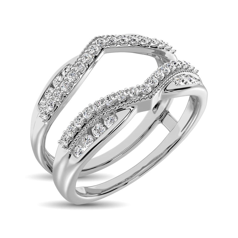 14K White Gold 1/3 Ctw Diamond Guard Ring: 14K White Gold 1/3 Ctw Diamond Guard Ring This stunning Wedding Ring is available in 14K White Gold. There are 50 round diamonds with a total carat weight of 1/3 ct set in a Channel / Prong setting. M