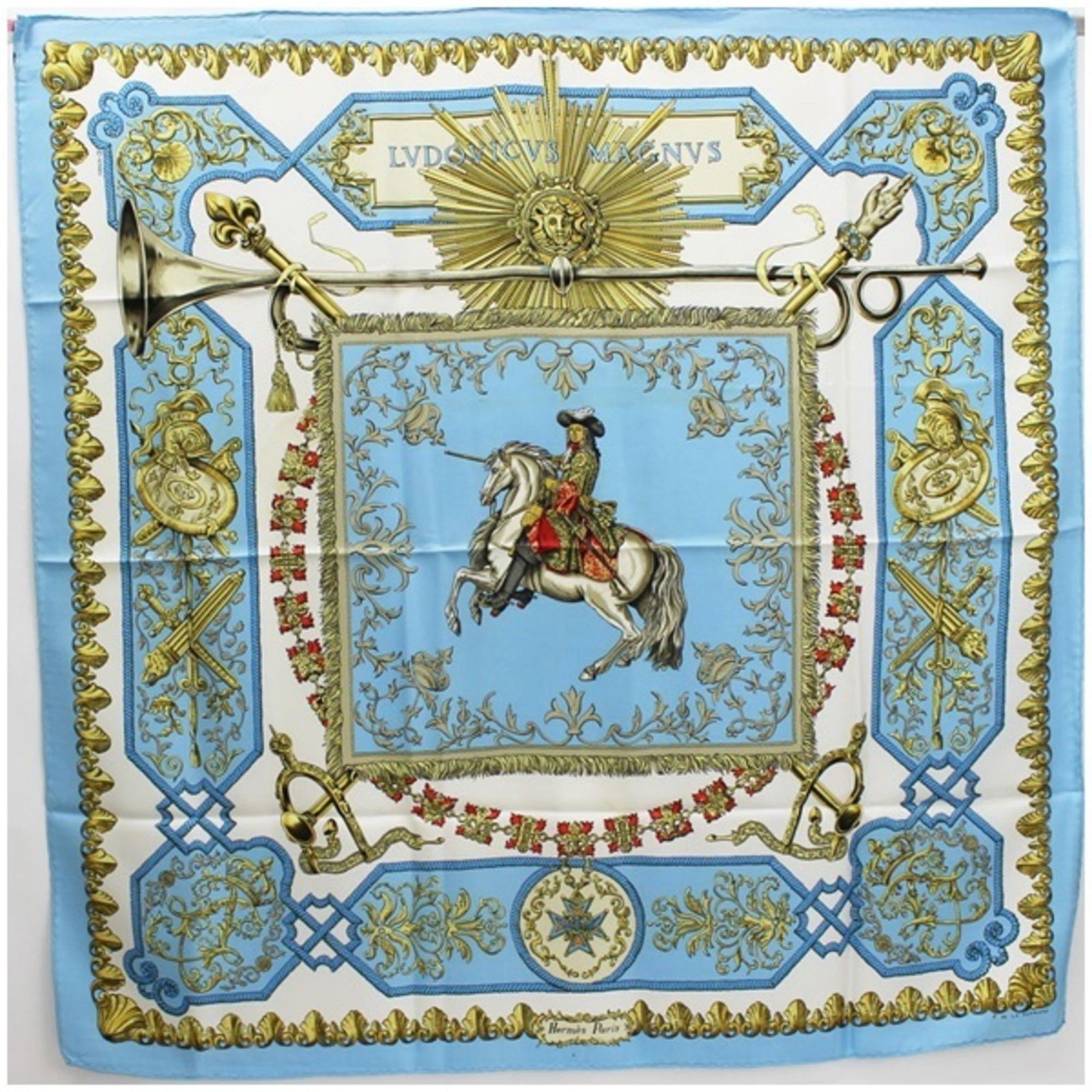 Hermes Silk Scarf Muffler Carre 90 LVDOVICVS MAGNVS (Louis XIV on a White Horse) x Sky Blue HERMES: Hermes Silk Scarf Muffler Carre 90 LVDOVICVS MAGNVS (Louis XIV on a White Horse) x Sky Blue HERMES Women's Brand: Hermes Type: Scarf Gender: Women Color: Sky blue White Style: Casual Material: Silk Si