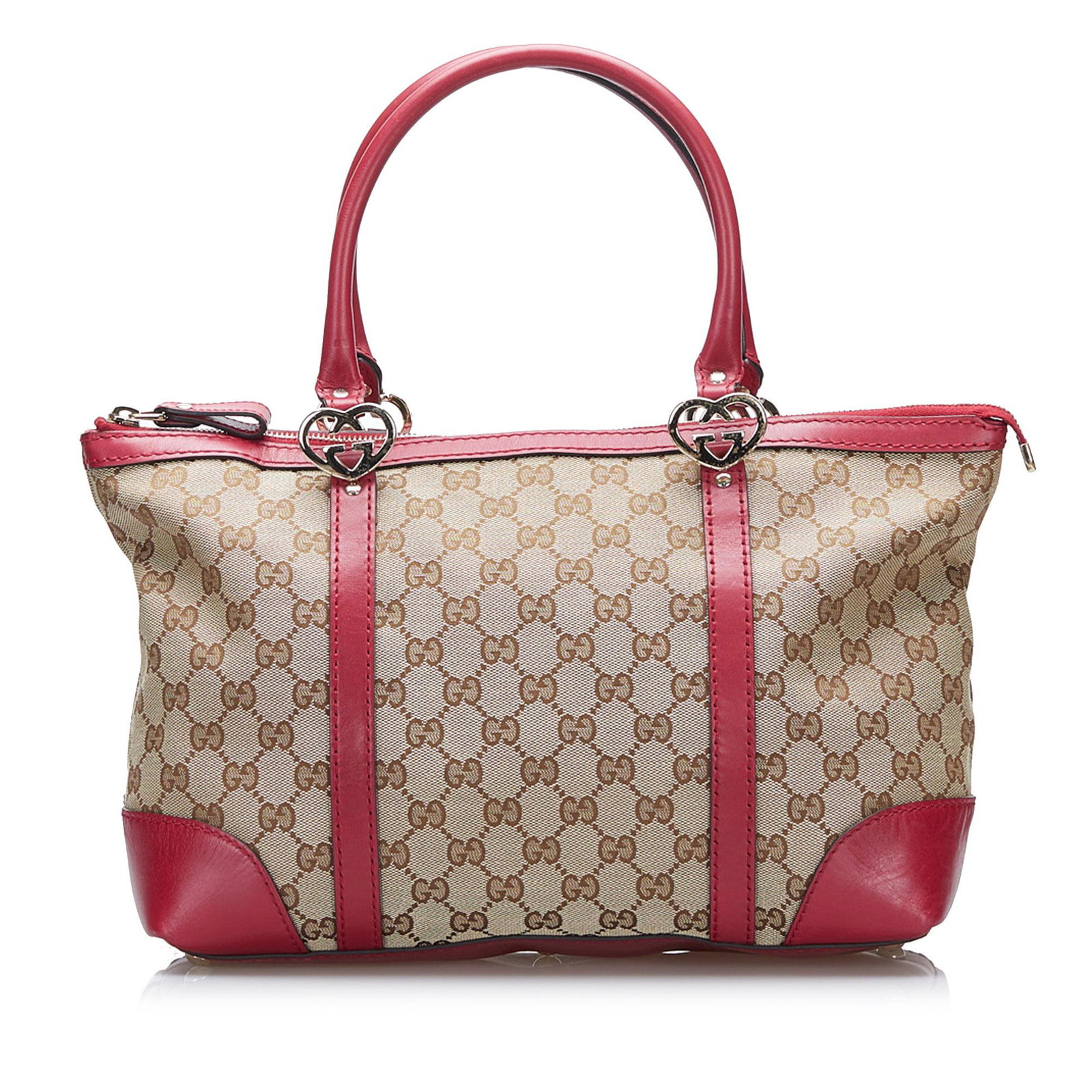 Gucci GG Canvas Lovely Tote: Gucci GG Canvas Lovely Tote This tote bag features a canvas body with leather trim rolled leather handles a top zip closure and interior zip and slip pockets. Brand: Gucci Model: GG Canvas Lovely Tote