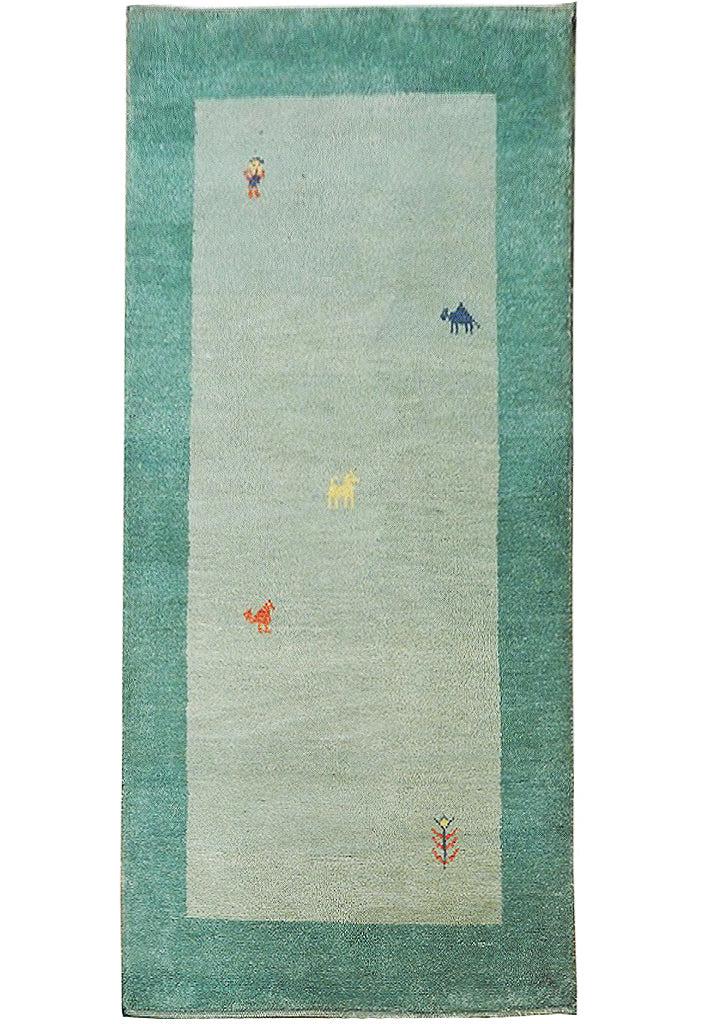 3' x 5' Greenish Ivory Persian Contemporary Gabbeh Rug: 3' x 5' Greenish Ivory Persian Contemporary Gabbeh Rug Size in Feet: Width: 3 x Length: 5 Size in Inches: Width:36 in x Length: 60 in Colors: Greenish Ivory Green Weave: 100% Handmade Pile: 1/2 Wool S