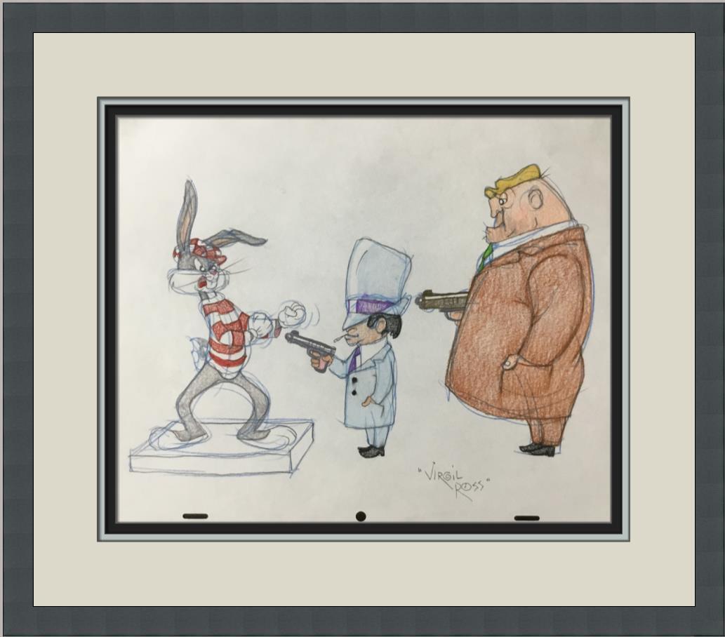 Virgil Ross Original Signed Model Sheet Drawing Bugs Rocky Mugsy Custom Framed: Virgil Ross Original Signed Model Sheet Drawing Bugs Rocky Mugsy Custom Framed Character: Rocky Mugsy Bugs Bunny Animation Studio: Warner Bros Item Height: 10 in Item Width: 12 in Theme: Animation Ins