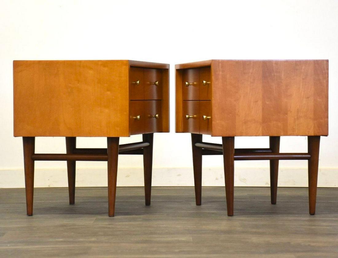 Urban Suburban American of Martinsville Maple Nightstands- a Pair: Urban Suburban American of Martinsville Maple Nightstands- a Pair A pair of mid century modern two toned maple and walnut nightstands designed by Merton Gershun for American of Martinsville "Urban Sub