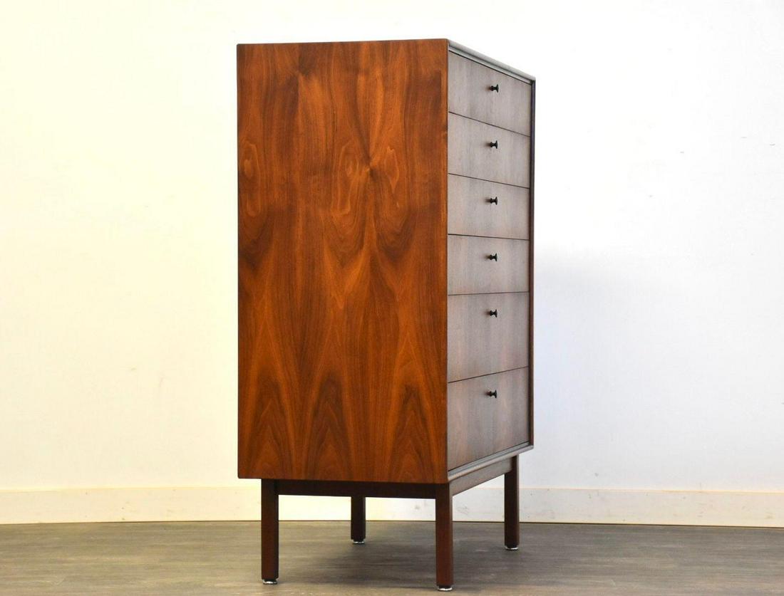 Jack Cartwright for Founders Walnut Dresser: Jack Cartwright for Founders Walnut Dresser A mid century modern walnut tall dresser with black accents designed by Jack Cartwright for Founders. 36" wide. 18" deep. 45.5" tall. Dimensions: 36"W x 18"