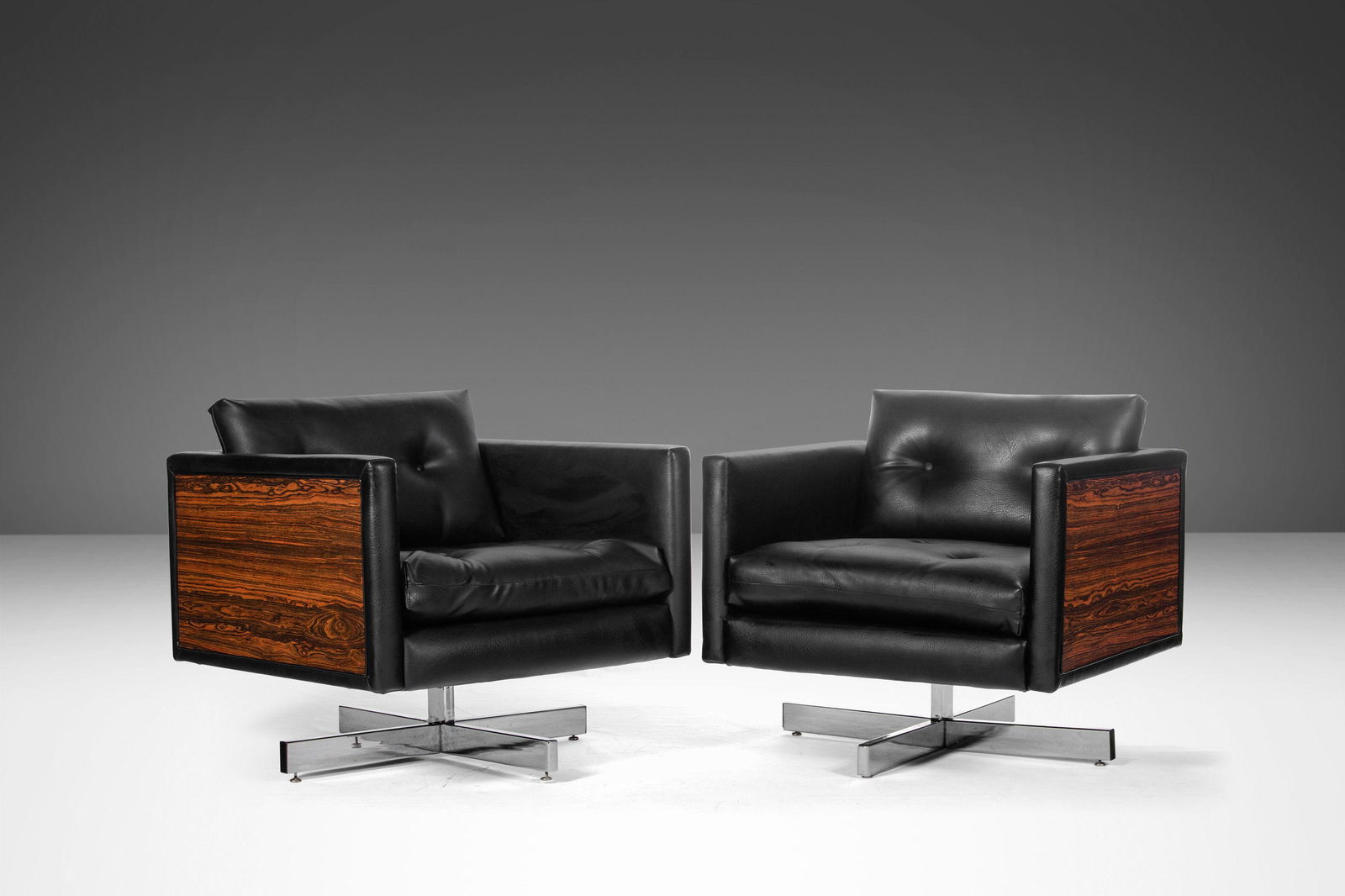 Bespoke Club Chairs with Rosewood Stylized Sides Set on Chrome Bases After Milo Baughman c. 1960s: Bespoke Club Chairs with Rosewood Stylized Sides Set on Chrome Bases After Milo Baughman c. 1960s Bespoke Club Chairs with Rosewood Stylized Sides Set on Chrome Bases After Milo Baughman c. 1960s Abou