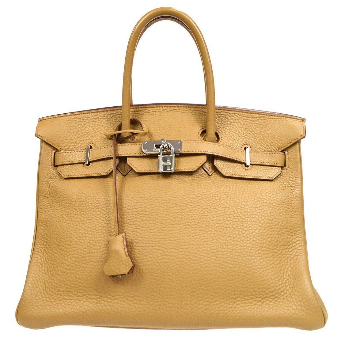 HERMES BIRKIN 35 Handbag Purse Tabac camel Traurillon Clemence 31AG: HERMES BIRKIN 35 Handbag Purse Tabac camel Traurillon Clemence 31AG Bag Width: 14 in Bag Height: 10 in Closure: Flap Turnlock Handle/Strap Color: Beige Size: Medium Handle Style: Double Handles Hardwa