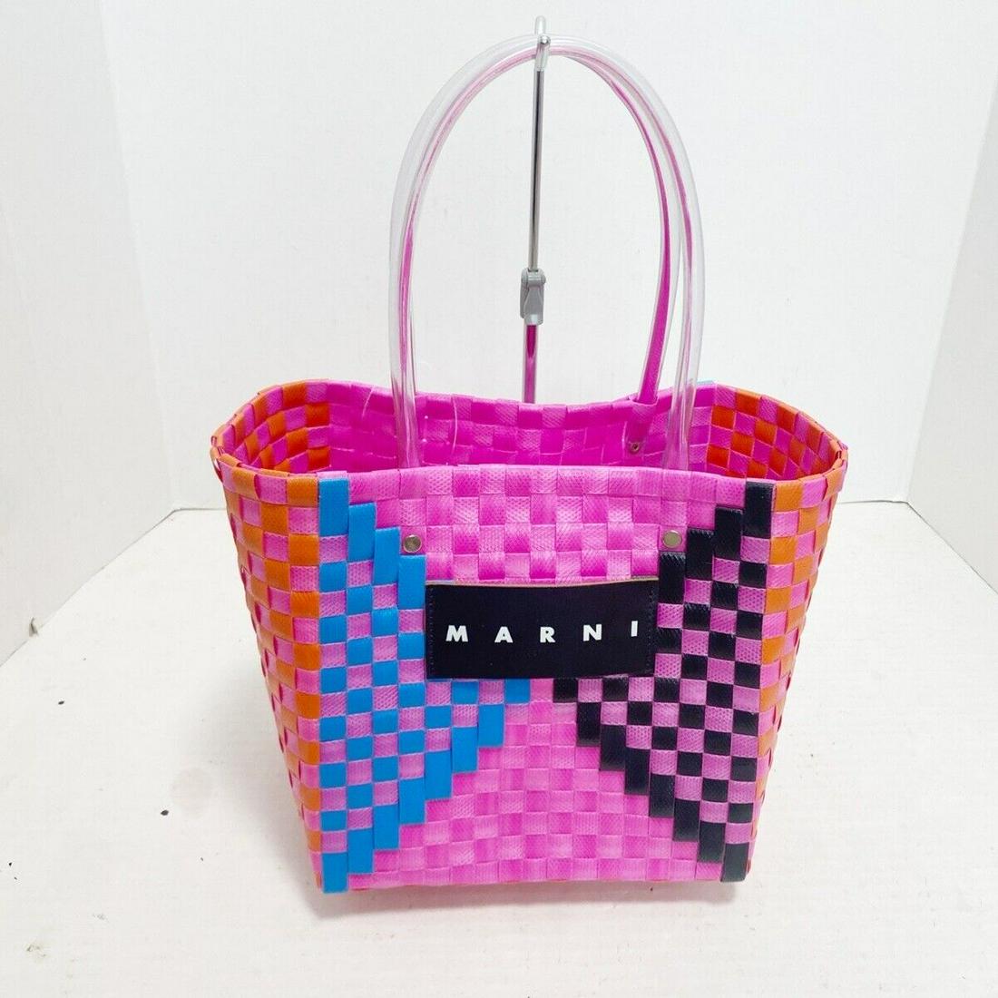 MARNI - Pink Light Green Multi Chemical Fiber Tote Bag: MARNI - Pink Light Green Multi Chemical Fiber Tote Bag Style: Tote Bag Exterior Color: Pink Light Green Multi Exterior Material: Chemical Fiber Accessories: None Type: Tote Bag B: Reasonable Wear and