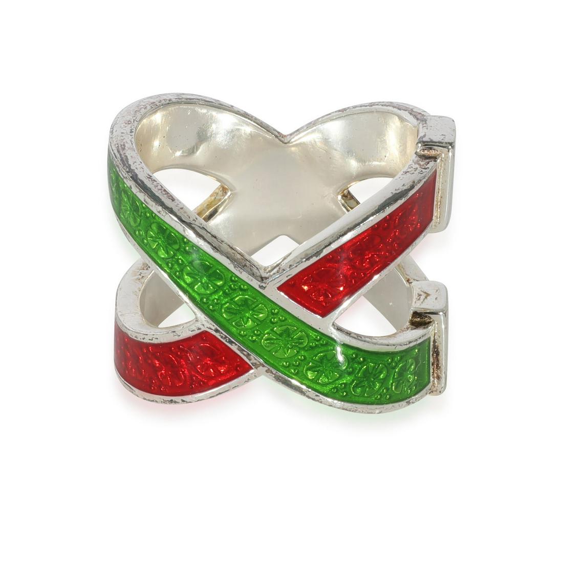 Gucci Green & Red Enamel Crossover Ring in Sterling Silver: Gucci Green & Red Enamel Crossover Ring in Sterling Silver Side Stone Type: No Stone Metal Purity: 925 With Original Box/Packaging: No With Papers: No Gross Weight (Grams): 9.64 Type: Fashion Ring Inc