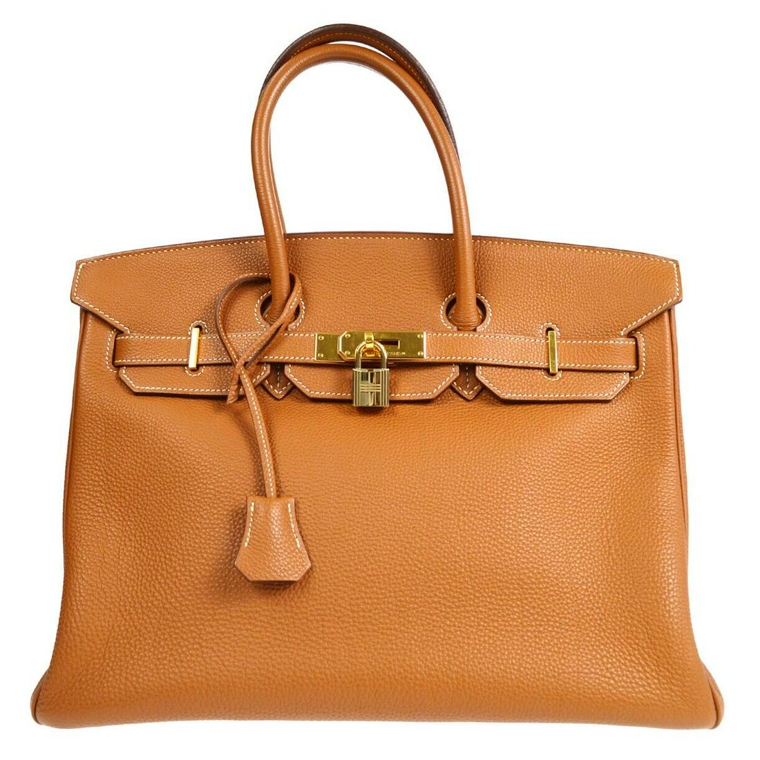 HERMES BIRKIN 35 Handbag Purse Gold Veau Crispe Togo I 100.S: HERMES BIRKIN 35 Handbag Purse Gold Veau Crispe Togo I 100.S Bag Width: 14 in Bag Height: 10 in Closure: Flap Turnlock Handle/Strap Color: Brown Size: Medium Handle Style: Double Handles Hardware Colo