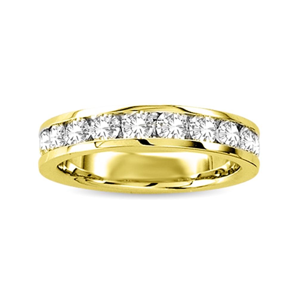 Diamond Machine Band 1/20 ct tw Round-cut 10K Yellow Gold: Diamond Machine Band 1/20 ct tw Round-cut 10K Yellow Gold This wonderful wedding band for her displays a shimmering line of round diamonds set in the 10K yellow gold band. The ring has a total diamond