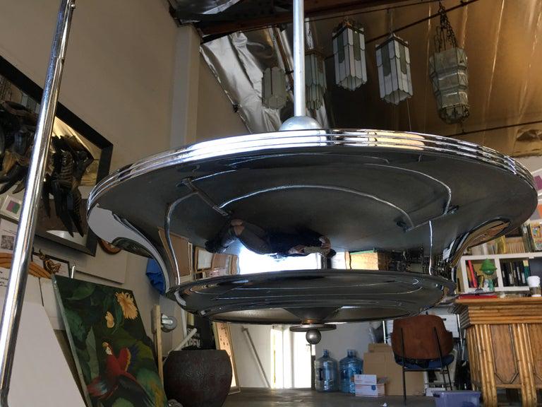 Two Layer Chrome Art Deco Saucer Ceiling Pendant Lamp 8 Available: Two Layer Chrome Art Deco Saucer Ceiling Pendant Lamp 8 Available Dimensions: Height: 36 in (91.44 cm)Width: 24 in (60.96 cm)Depth: 24 in (60.96 cm) Style: Art Deco (Of the Period) Materials and Techn