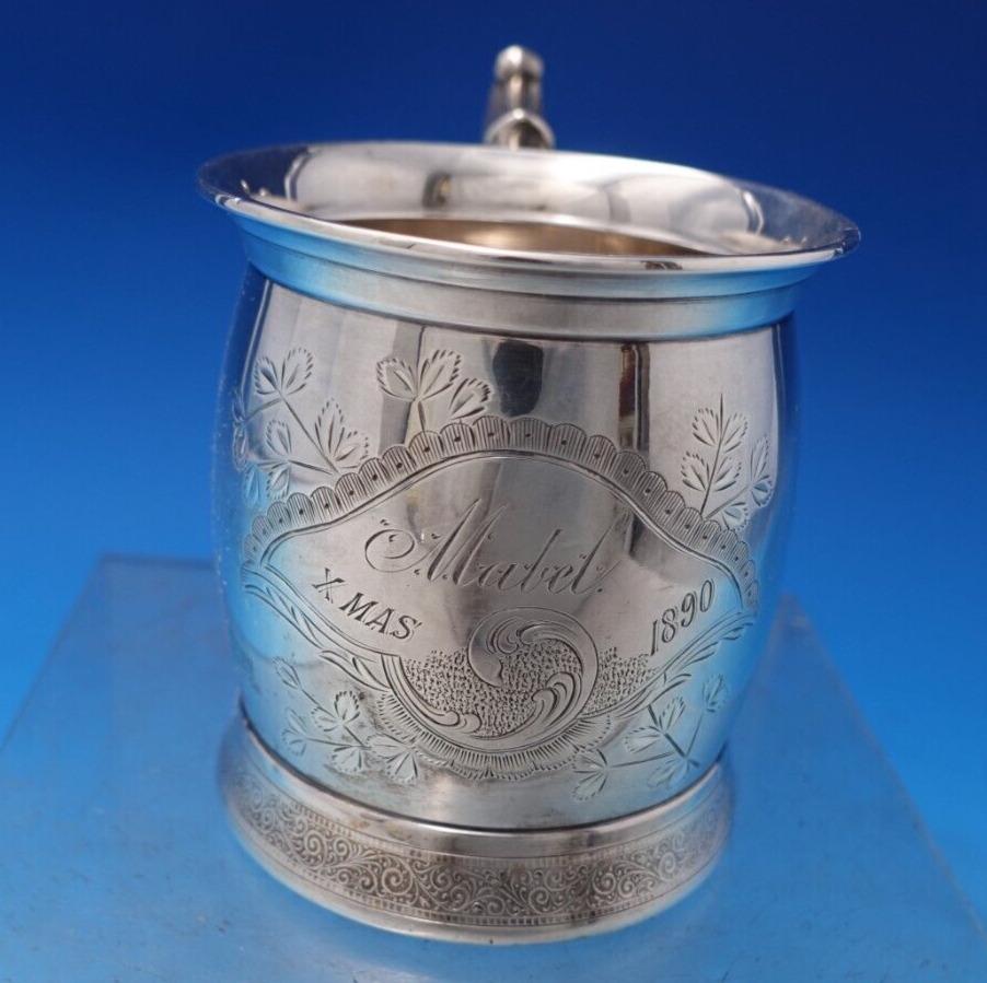 Wood and Hughes Bright-Cut Sterling Silver Baby Cup " Xmas 1890 Mabel": Wood and Hughes Bright-Cut Sterling Silver Baby Cup #231 " Xmas 1890 Mabel" #7478 Wood and hughescharming wood and hughes sterling silver bright-cut baby cup marked. This cup measures 3 1/2" x 4" and