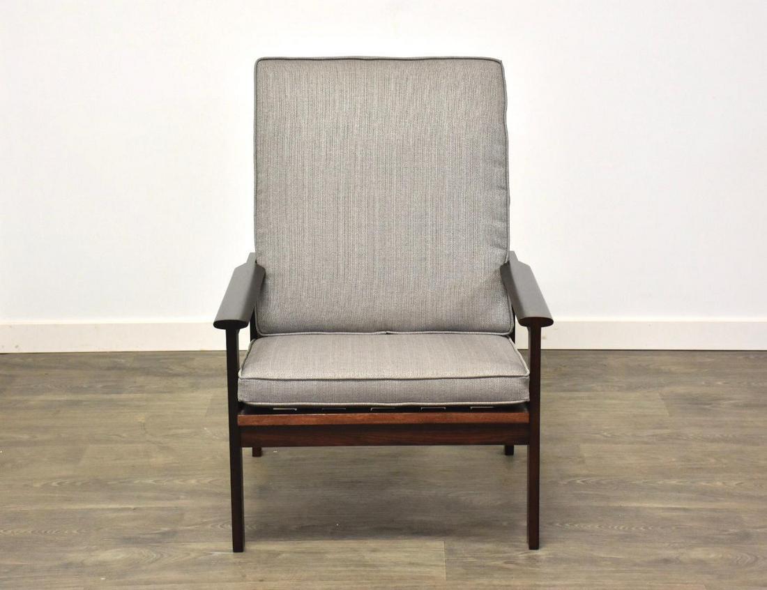 Illum Wikkelso Rosewood High Back Lounge Chair: Illum Wikkelso Rosewood High Back Lounge Chair A rare mid century modern rosewood high back lounge chair designed by Illum Wikkelso for Niels Eilersen is Denmark with grey upholstered cushions. Seat h