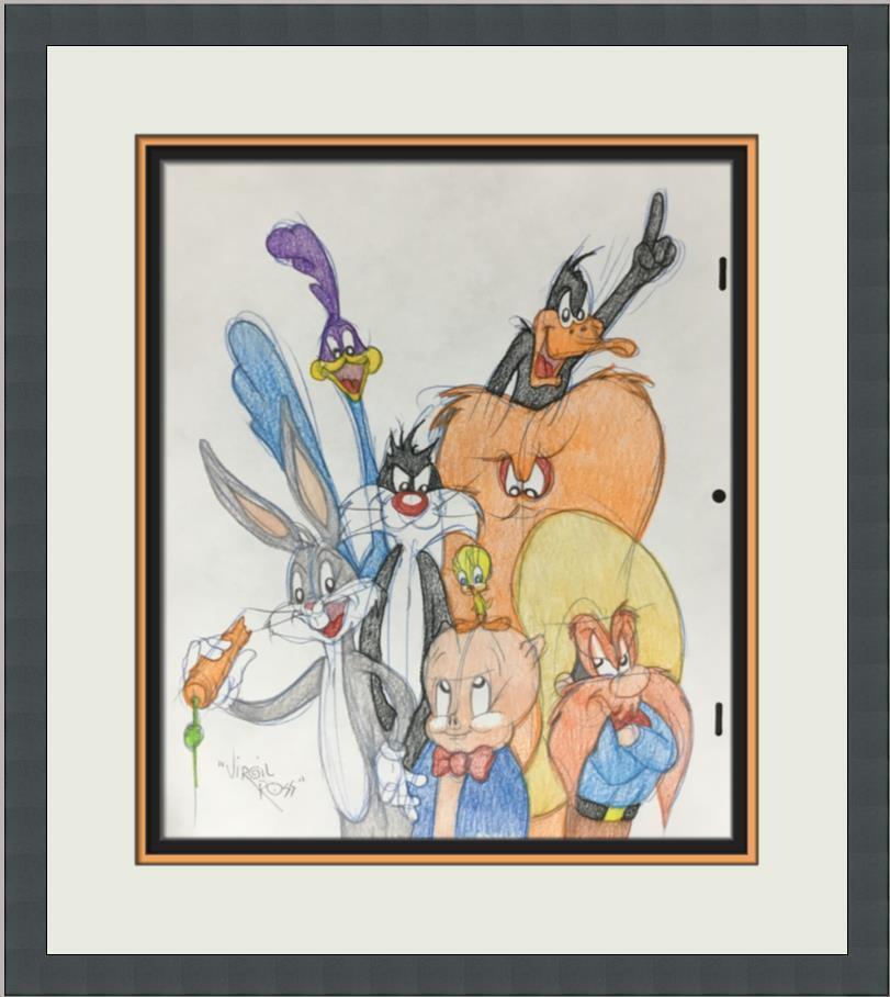 Virgil Ross Original Signed Model Sheet Drawing Looney Tunes Gang Custom Framed: Virgil Ross Original Signed Model Sheet Drawing Looney Tunes Gang Custom Framed Character: Road Runner Bugs Bunny Tweety Yosemite Sam Sylvester Daffy Duck Gossamer Porky Pig Animation Studio: Warner B