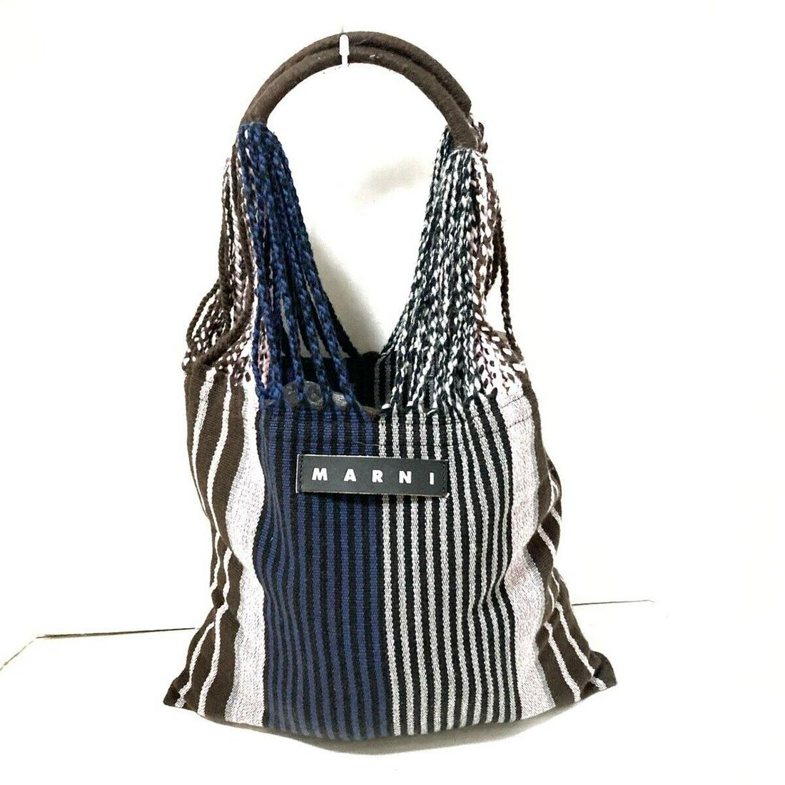 MARNI - Navy Dark Brown Multi Wool Tote Bag: MARNI - Navy Dark Brown Multi Wool Tote Bag Style: Tote Bag Exterior Color: Navy Dark Brown Multi Exterior Material: Wool Accessories: None Type: Tote Bag C: Heavily Used The BIDHAUS Guarantee: All it