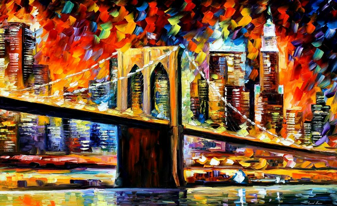 Brooklyn Bridge View - Limited Edition 1/25 by Leonid Afremov: Brooklyn Bridge View - Limited Edition 1/25 by Leonid Afremov This is a limited edition giclee hand-painted by Leonid Afremov. This is the first giclee of a small edition of 25 paintings. The rest of