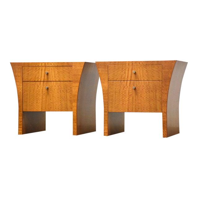 Lacewood Modern Nightstands - a Pair: Lacewood Modern Nightstands - a Pair A pair of lacewood two drawer nightstands with flared sides and brushed aluminum knobs. 24" wide. 20" deep. 22" tall. Dimensions: 24"W x 20"D x 22"H Styles: Modern