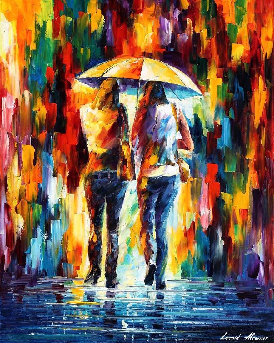 Best Friends Under The Rain - Limited Edition 1/25 by Leonid Afremov: Best Friends Under The Rain - Limited Edition 1/25 by Leonid Afremov This is a limited edition giclee hand-painted by Leonid Afremov. This is the first giclee of a small edition of 25 paintings. The r