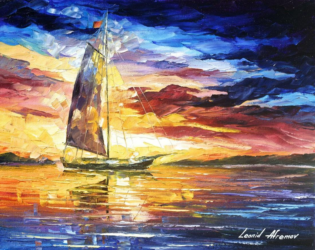 Evening Sailing In Cancun - Limited Edition 1/25 by Leonid Afremov: Evening Sailing In Cancun - Limited Edition 1/25 by Leonid Afremov This is a limited edition giclee hand-painted by Leonid Afremov. This is the first giclee of a small edition of 25 paintings. The res