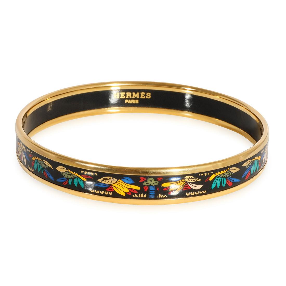 Hermes Plated Narrow Enamel Bracelet with Feathers (62MM): Hermes Plated Narrow Enamel Bracelet with Feathers (62MM) Gender: Unisex Metal: Gold Plated Gross Weight (Grams): 18.51 With Original Box/Packaging: No With Papers: No Collection: Enamel Item Length:
