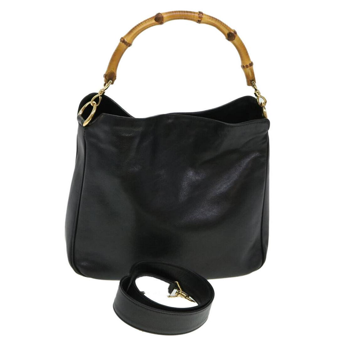 GUCCI Bamboo Hand Bag Leather 2way Black: GUCCI Bamboo Hand Bag Leather 2way Black Style: Hand Bag Material: Leather Exterior Color: Black Bag Height: 10.2inch(Approx) / 26cm(Approx) Bag Depth: 3.5inch(Approx) / 9cm(Approx) Bag Length: 11.4in