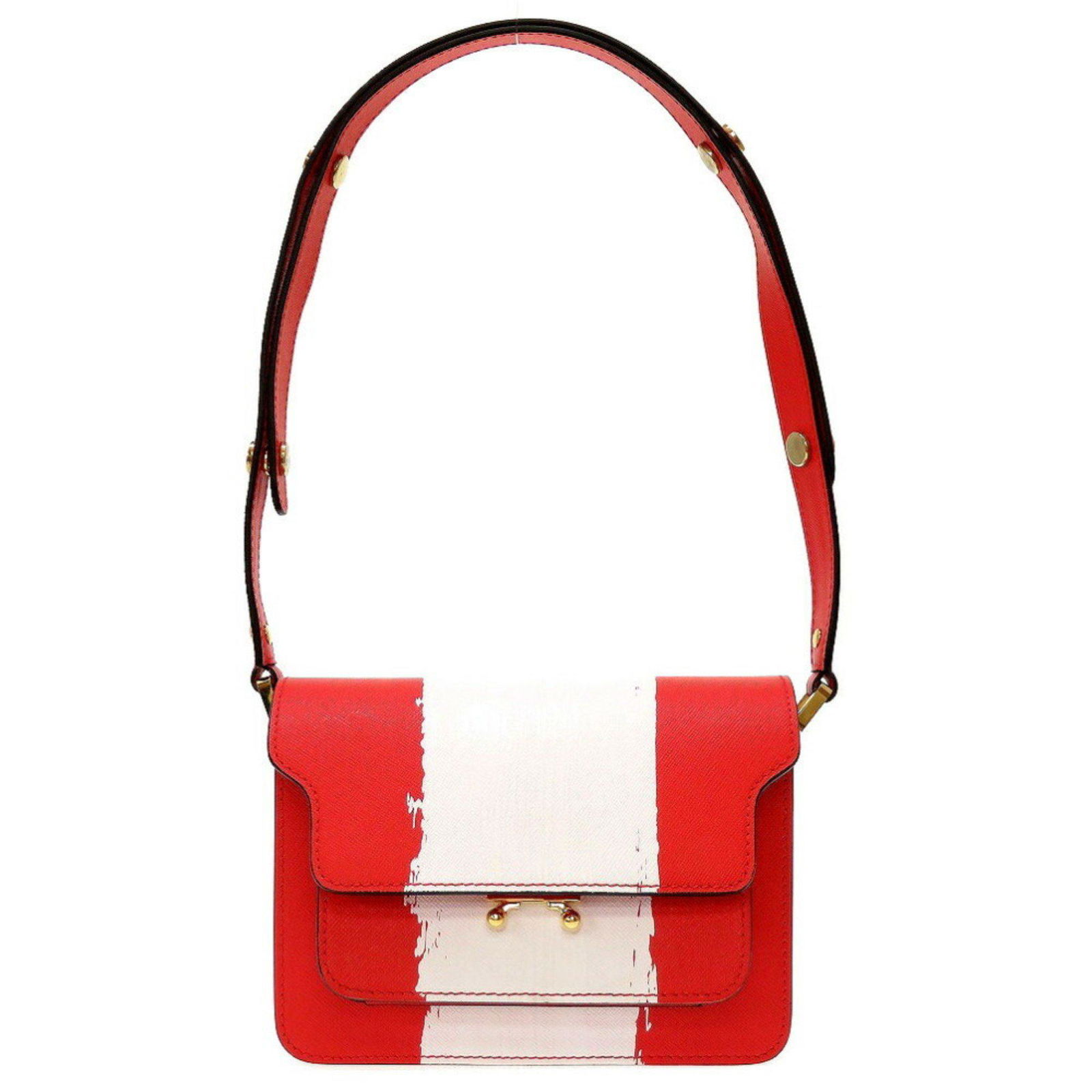 Marni Trunk SBMPS01L14 Leather Red White Shoulder Bag: Marni Trunk SBMPS01L14 Leather Red White Shoulder Bag Brand: Marni Model: SBMPS01L14 Country of Origin: Italy Type: Shoulder bag Material: Leather Leather: Color: Red color White Hardware Color: Gold