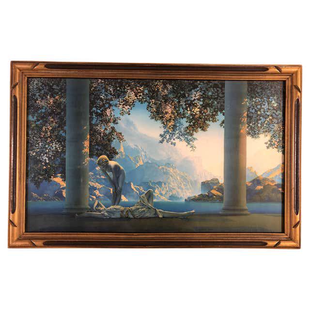 1920s Maxfield Parrish "Daybreak" Figurative Lithograph Print in Wood Frame: 1920s Maxfield Parrish "Daybreak" Figurative Lithograph Print in Wood Frame Creator: Maxfield Parrish (Artist) Dimensions: Height: 21 in (53.34 cm)Width: 33 in (83.82 cm)Depth: 1.5 in (3.81 cm) Style: