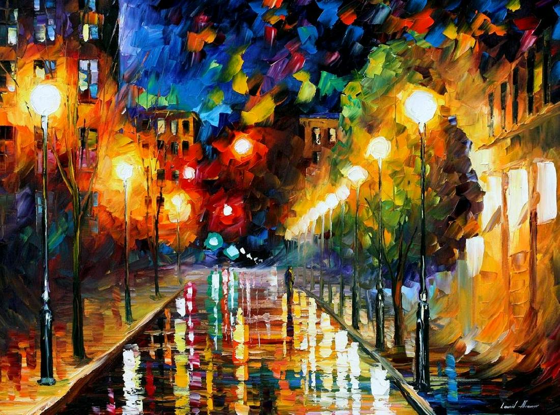 Night Boulevard - Limited Edition 1/25 by Leonid Afremov: Night Boulevard - Limited Edition 1/25 by Leonid AfremovThis is a limited edition giclee hand-painted by Leonid Afremov. This is the first giclee of a small edition of 25 paintings. The rest of the ed