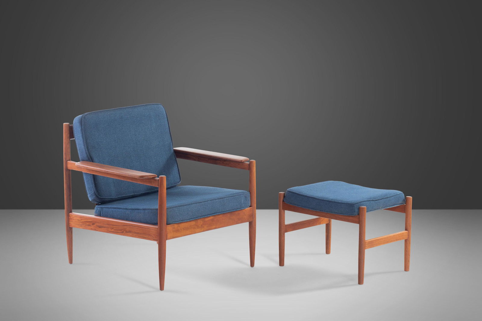 Lounge Chair and Ottoman Attributed to Arne Vodder in Teak w/ New Blue Knit Upholstery c. 1960s: Lounge Chair and Ottoman Attributed to Arne Vodder in Teak w/ New Blue Knit Upholstery c. 1960s Lounge Chair and Ottoman Attributed to Arne Vodder in Teak w/ New Blue Knit Upholstery c. 1960s About: C