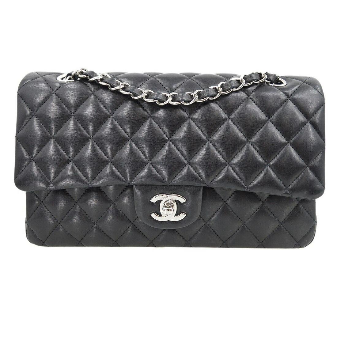 CHANEL Classic Double Flap Medium Shoulder Bag Black Lambskin 18673597: CHANEL Classic Double Flap Medium Shoulder Bag Black Lambskin 18673597 Bag Width: 10 in Pattern: Matelasse Closure: Turn Lock Bag Height: 6 in Handle/Strap Color: Black Size: Medium Handle Style: Shou