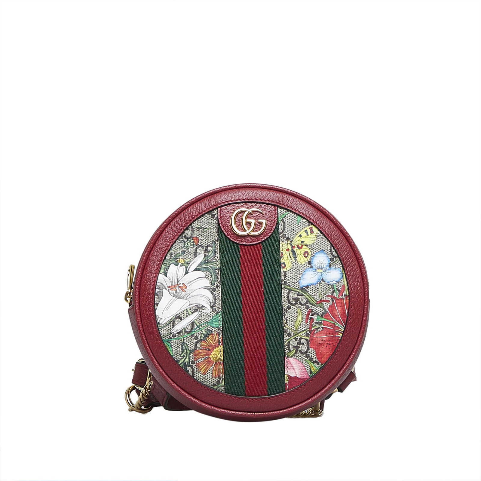 Gucci GG Supreme Flora Ophidia Round Backpack: Gucci GG Supreme Flora Ophidia Round Backpack This backpack features a coated canvas body with leather trim flat back straps a top zip closure and an interior slip pocket. Brand: Gucci Model: GG Supre