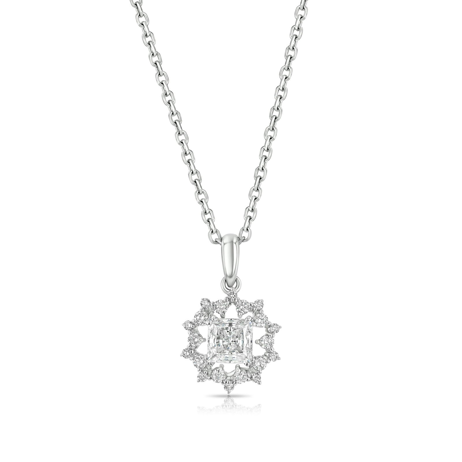 Diamond Floral Pendant In 14k White Gold Cz Ctr 1/5ctw 16-18 Inch Adj Chain: Diamond Floral Pendant In 14k White Gold Cz Ctr 1/5ctw 16-18 Inch Adj Chain Gorgeous Flair Cluster Floral Pendant With 4.5mm Princess Cut Cubic Zirconia Center Accented With Round Brilliant Diamonds S